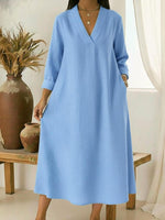 Casual V-neck Cotton And Linen A-line Dress