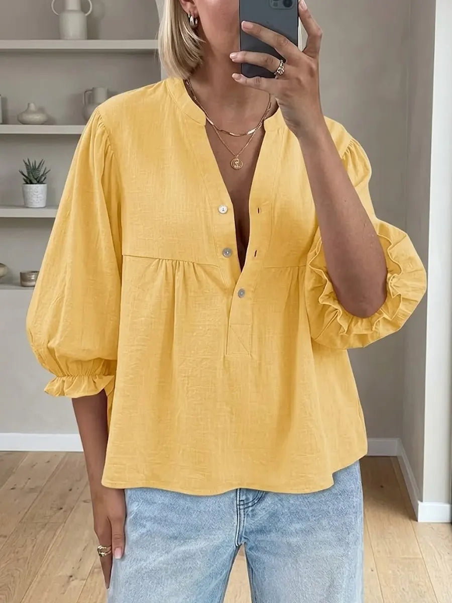 Women's Puff Sleeve Cotton And Linen Top