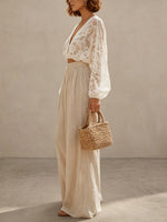 Women's Lace Top With Cotton And Linen Wide-leg Pants Set
