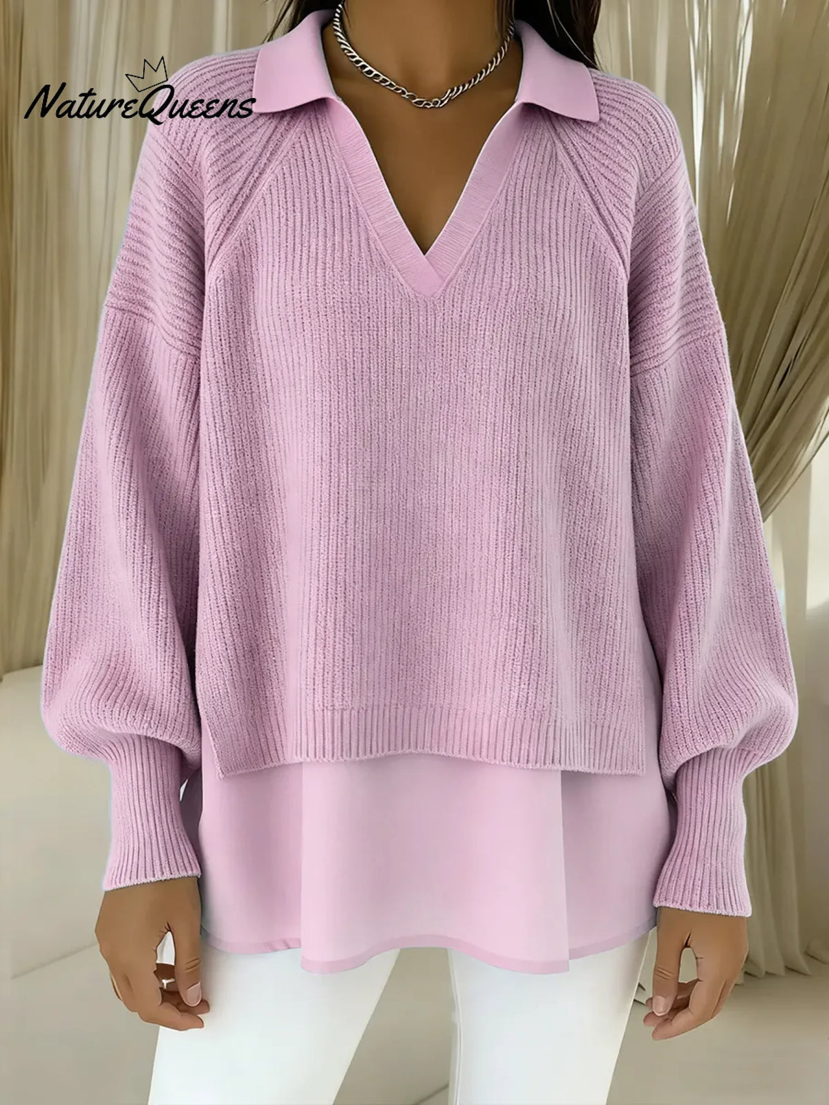 Women's Solid Color V-neck Long Sleeve Casual Loose Knitted Patchwork Top