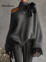 Women's Solid Color Stand-collar Long-sleeved Casual Loose Off-the-shoulder Sweater