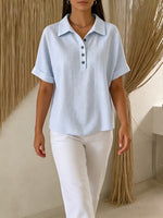 Artistic Cut Striped Cotton-linen Polo Collar Shirt Blouse