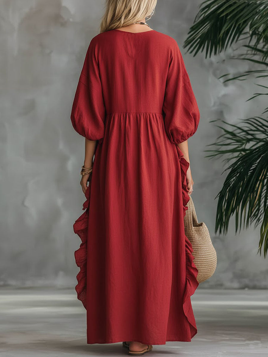 Women's Solid Color V-neck 3/4 Sleeve Casual Loose Cotton And Linen Dress