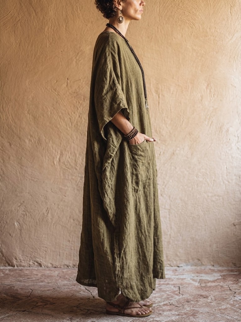 Vestido largo tipo bata de algodón y lino de estilo étnico para mujer, de gran tamaño.