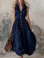 Women's Solid Color Lapel Sleeveless Casual Loose Cotton Dress