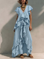Women's V-neck Short-sleeve Casual Loose Cotton-linen Dress