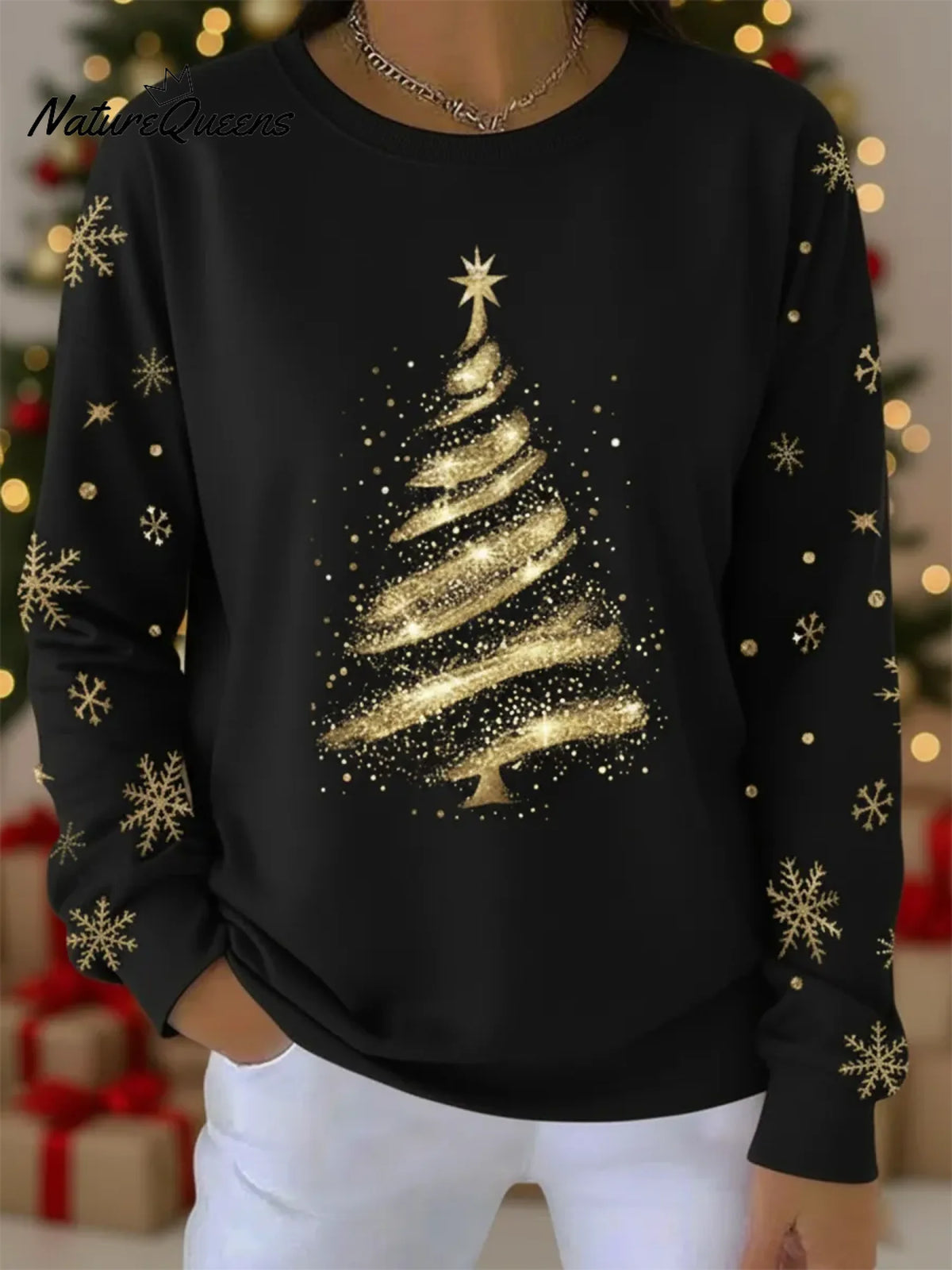Gold Christmas Tree Print Crew Neck Sweatshirt