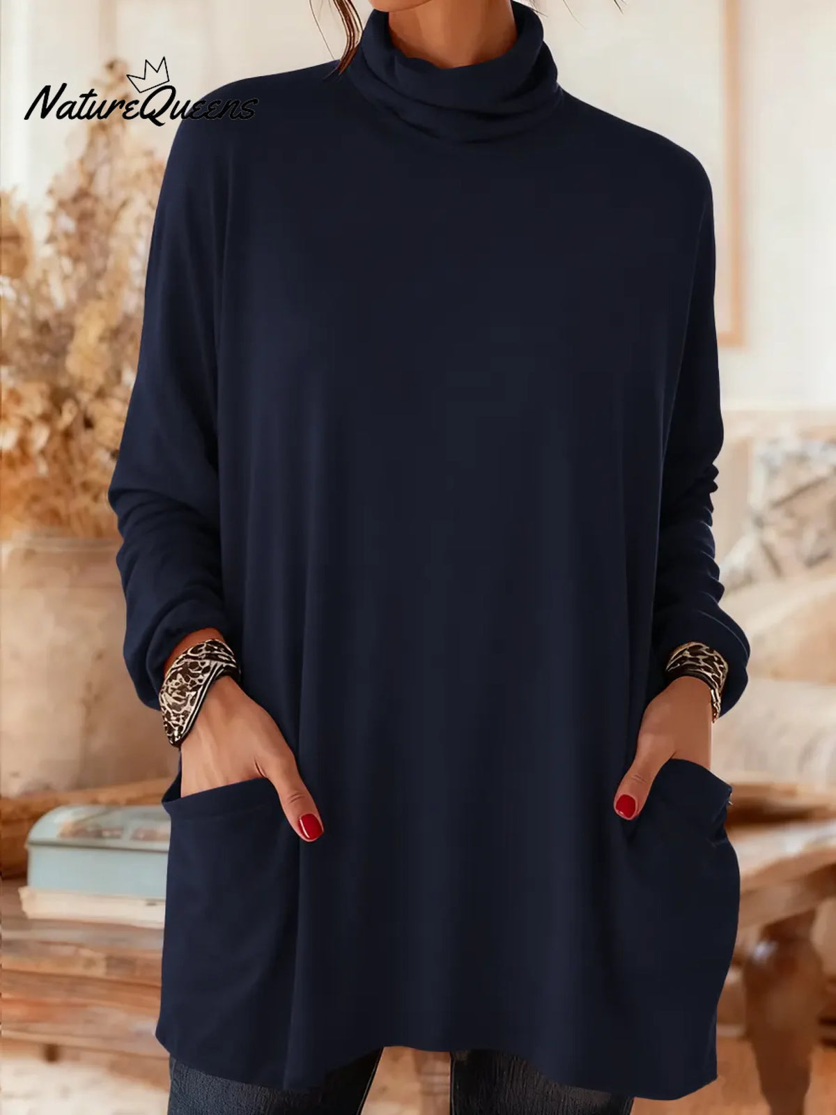 Women's Solid Color Turtleneck Long-sleeved Casual Loose Cotton Top