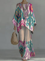 Bohemian-style Color-block Ombré Batwing Top + Linen-look Wide-leg Pants Two-piece Set