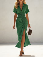 Elegant Lapel-collar Pleated Midi Dress