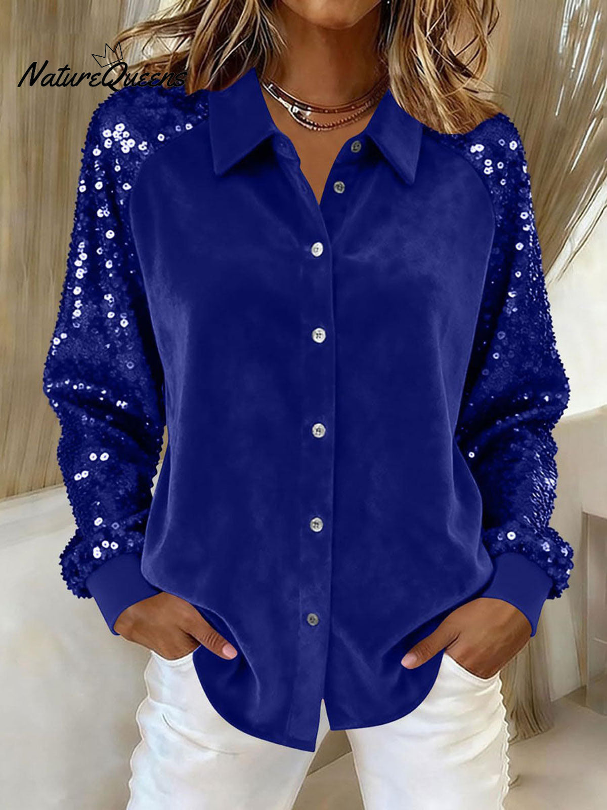 Women's Sequined Sleeve Patchwork Long-sleeved Velvet Loose Shirt