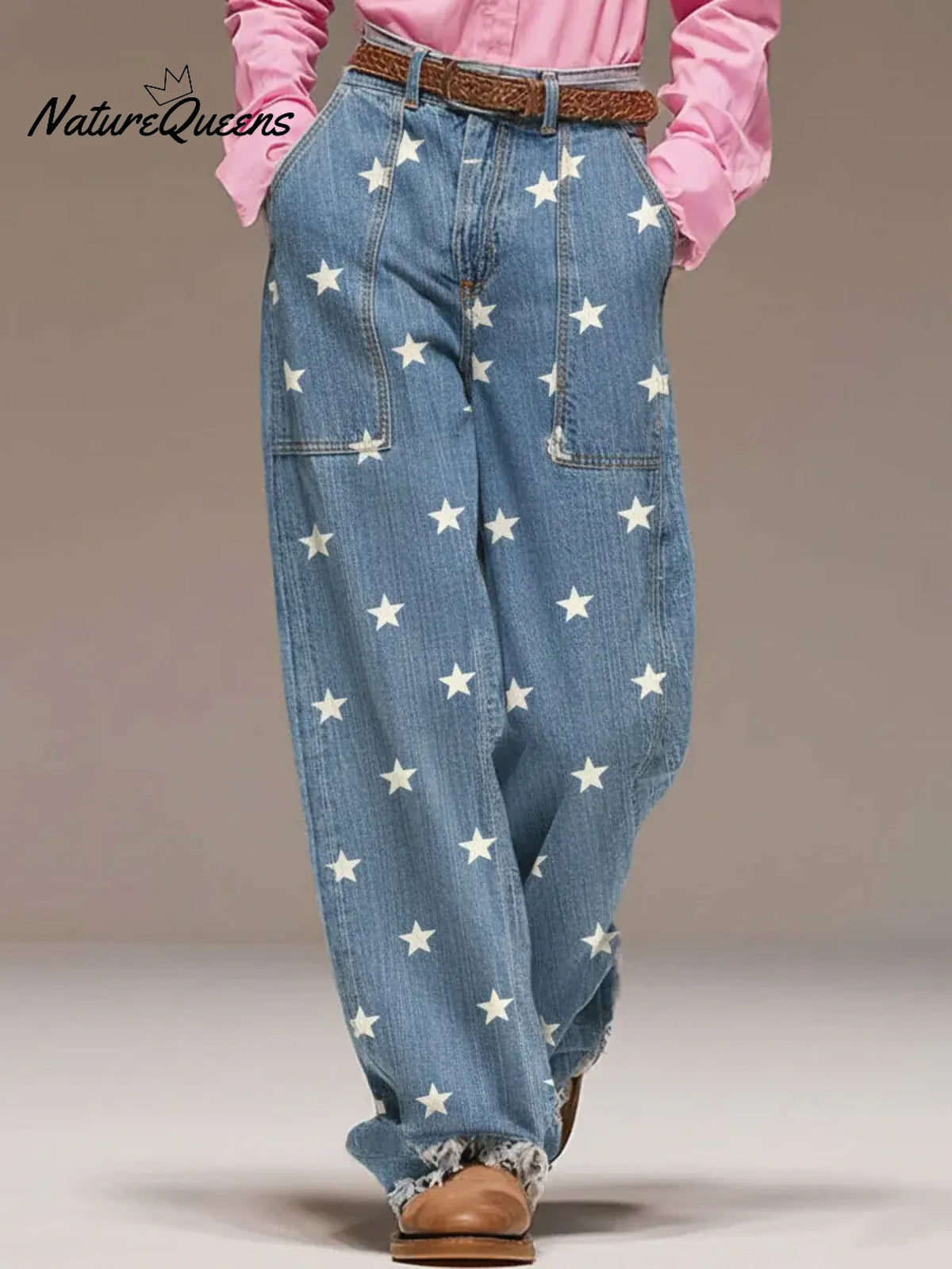 Women's Star Print High-waisted Casual Wide-leg Jeans
