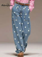 Women's Star Print High-waisted Casual Wide-leg Jeans