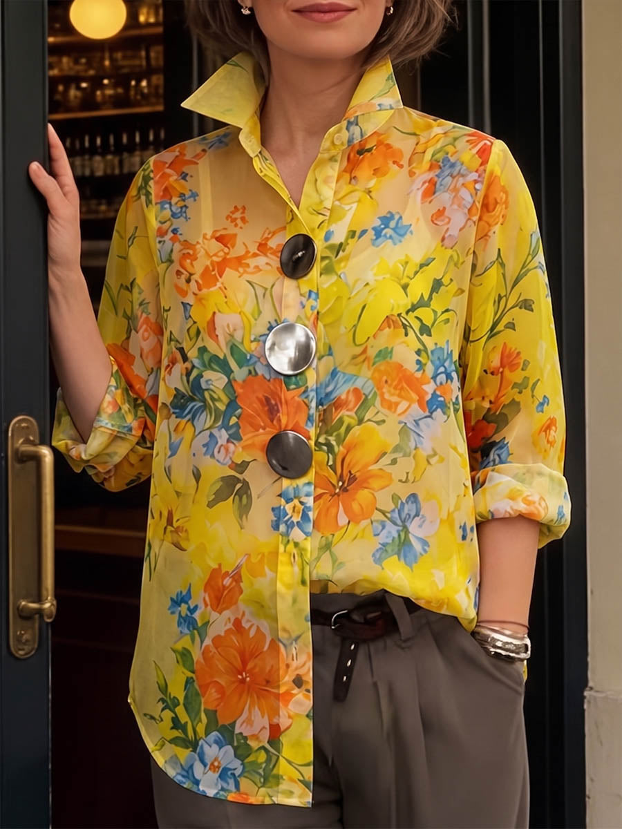 Women's Vintage-print Lapel Shirt — Long Sleeve Casual Loose Fit