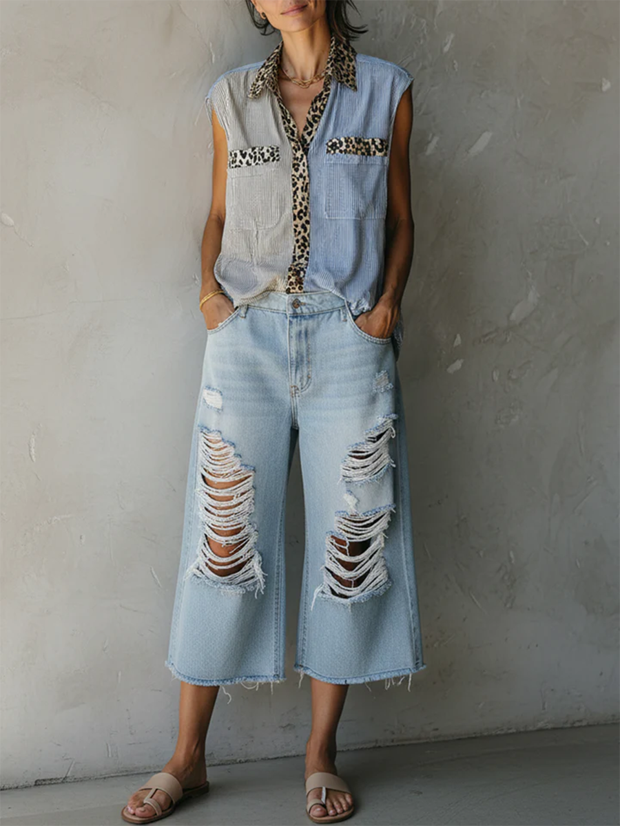 Casual Leopard-print And Striped Patchwork Cotton Blouse