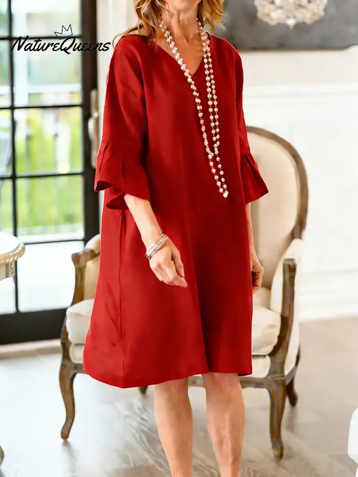 Women's Solid Color V-neck Three-quarter Sleeve Casual Loose Cotton And Linen Dress