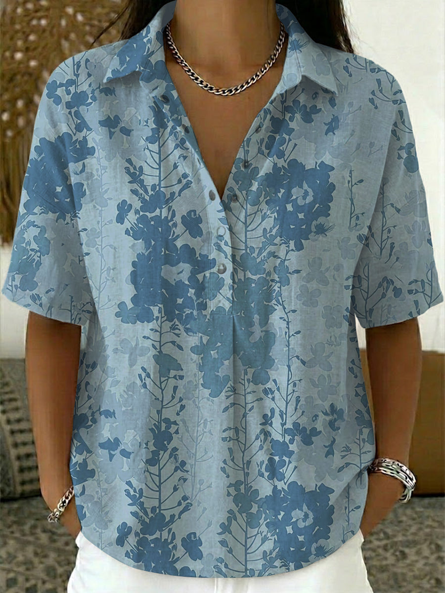 Women’s Vintage Print Cotton Linen Polo Shirt