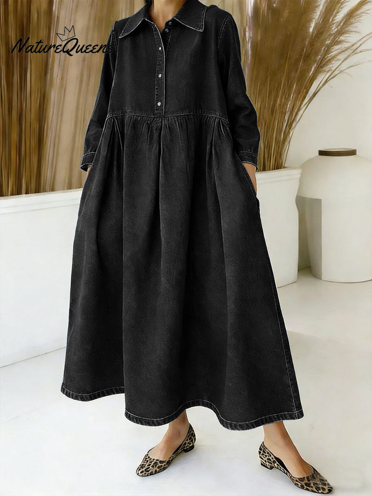 Women's Shirt Collar Long-sleeved Loose-fitting Denim Dress