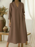 Casual V-neck Cotton And Linen A-line Dress