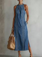 Retro Cozy Lace Print Denim Midi Dress