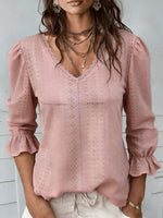 Women's V-neck Openwork Casual Mid-sleeve Shirt