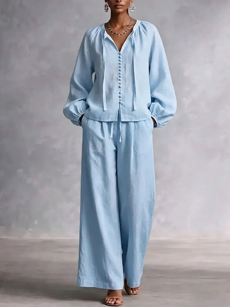 Effortless Chic Summer Linen Set | Women's Tie Neck Puff Sleeve Top & Wide Leg Pants