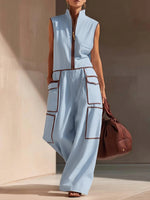 Casual Loose-fitting Color-blocked Workwear Jumpsuit