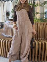 Women's Solid-color Square-neck Sleeveless Casual Loose Cotton-linen Wide-leg Jumpsuit