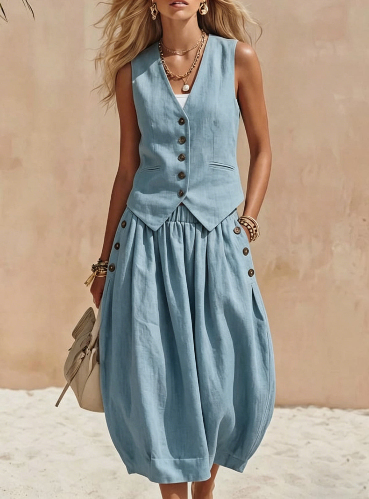 Linen Sleeveless Vest + Tulip-hem Lantern Skirt Two-piece Set
