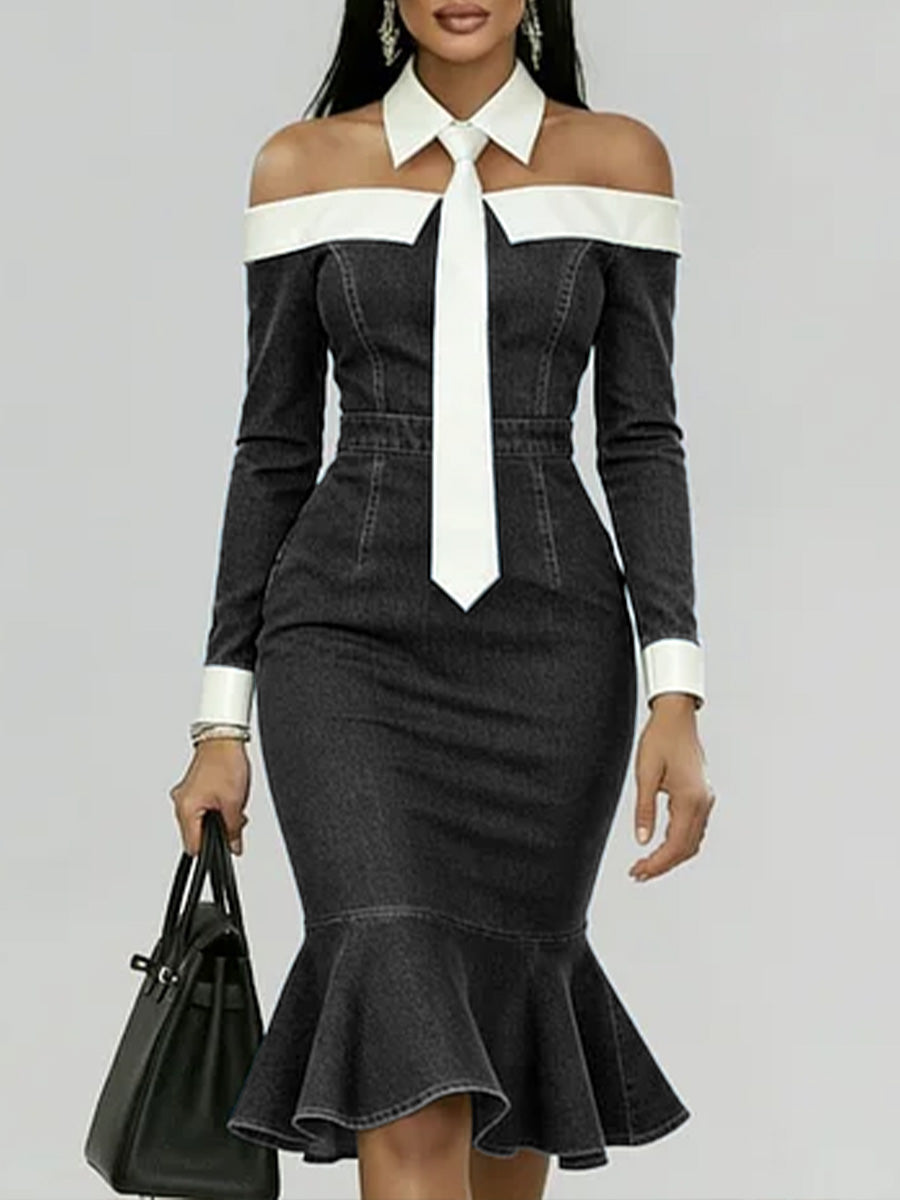 Women's Off-the-shoulder Long-sleeved Casual Loose Denim Slim-fit Dress