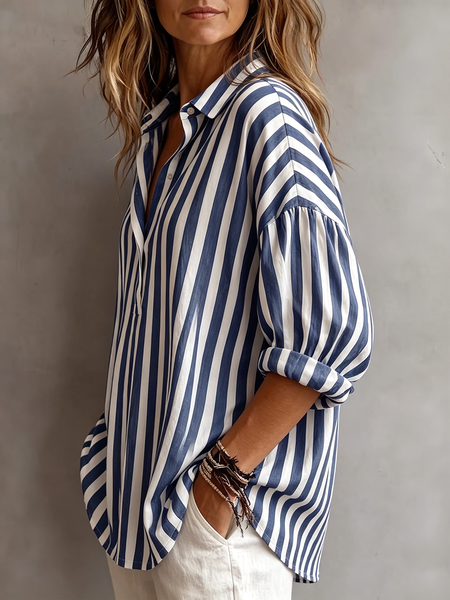 Casual Classic Striped Cotton Linen Blouse