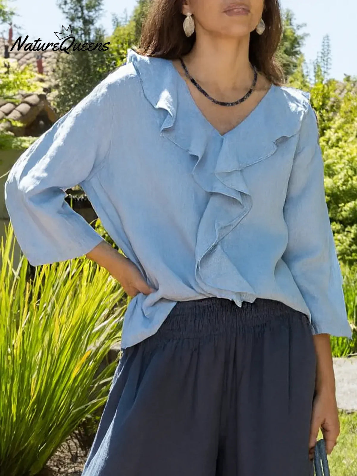 Women's Solid Color V-neck Ruffled Long-sleeved Casual Loose Cotton And Linen Top