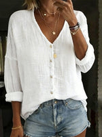Women's Cotton Linen Loose Solid Color Long-sleeved Shirt