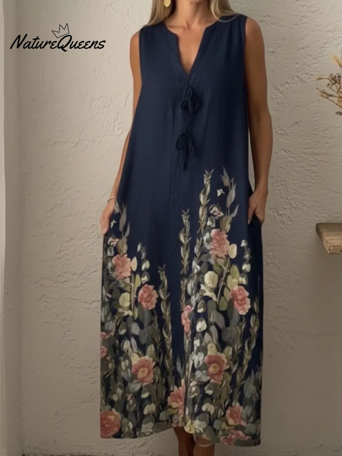 Casual Artistic Bouquet Print Linen Dress