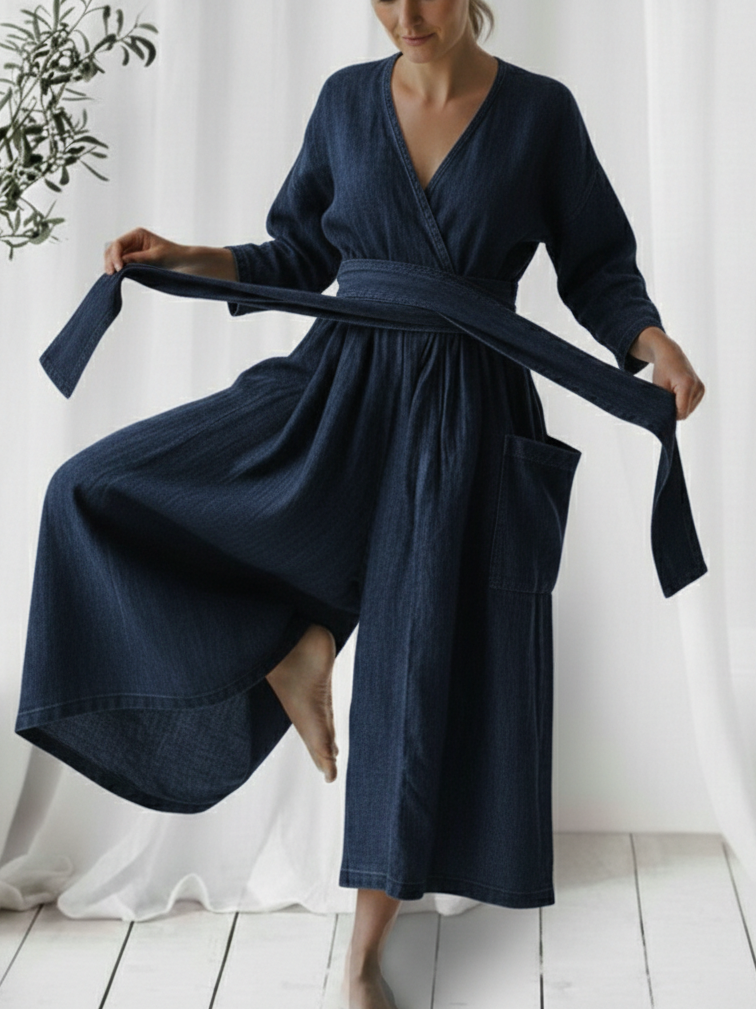 Casual Loose-fitting Denim Jumpsuit With Waist Tie