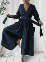 Casual Loose-fitting Denim Jumpsuit With Waist Tie