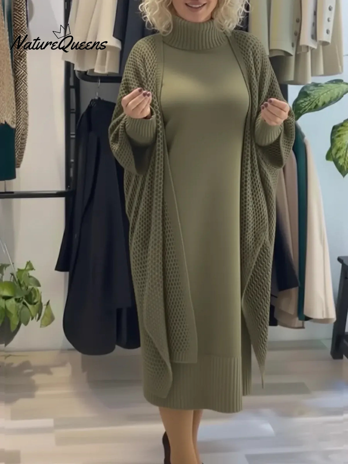 Women's Two-piece Sweater Dress And Sweater Shawl Set