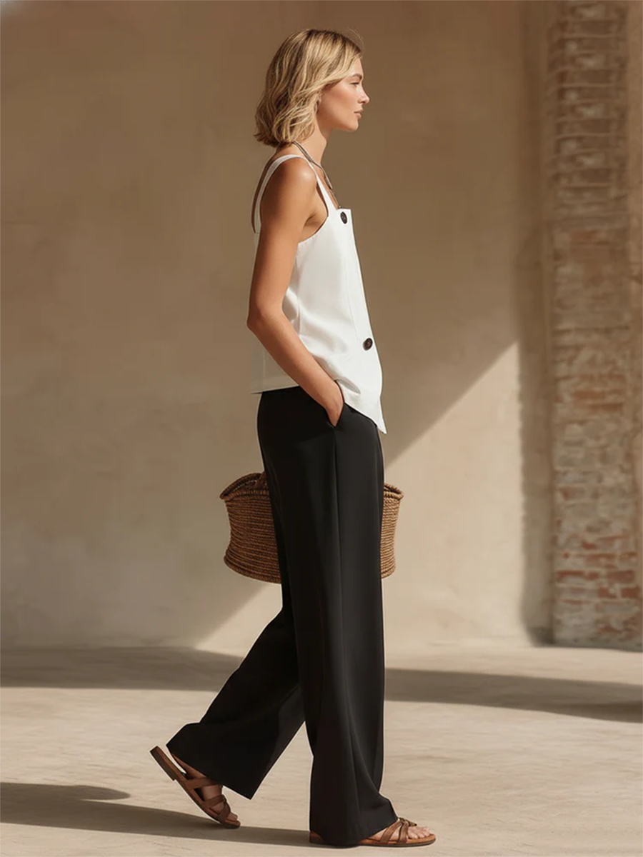 Minimalist Button Shirt And Wide-leg Pants Two-piece Set