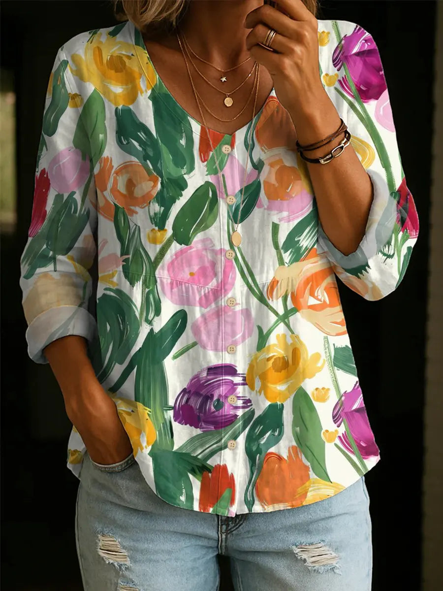 Women's Floral Pattern Art Print Casual Cotton Linen Shirt