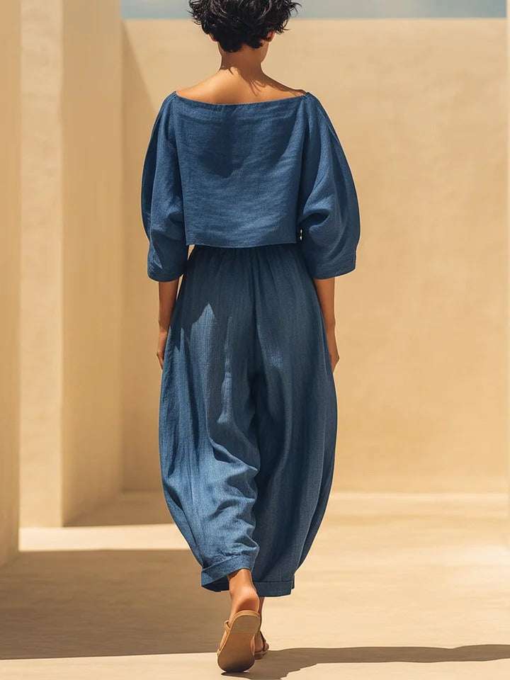 Blue Denim-Like Two-Piece Set: Boat Neck Crop Top & Balloon Pants