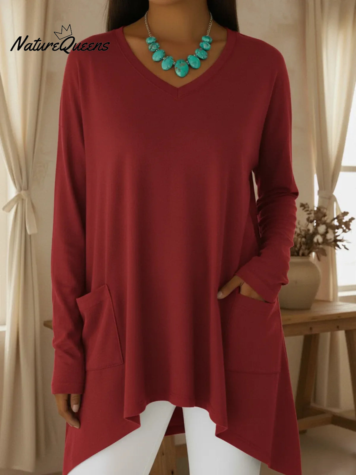 Women's Casual Loose V-neck Irregular Hem Pullover
