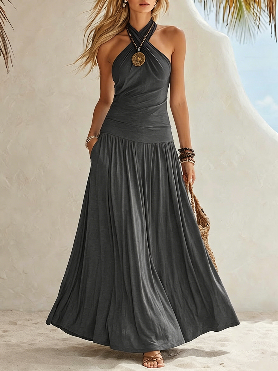 Vestido de vuelo sin mangas con escote halter cruzado y fruncido