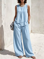 Women's Solid-color Cotton-linen Set: Sleeveless Round-neck Loose-fit Top & High-waisted Wide-leg Pants
