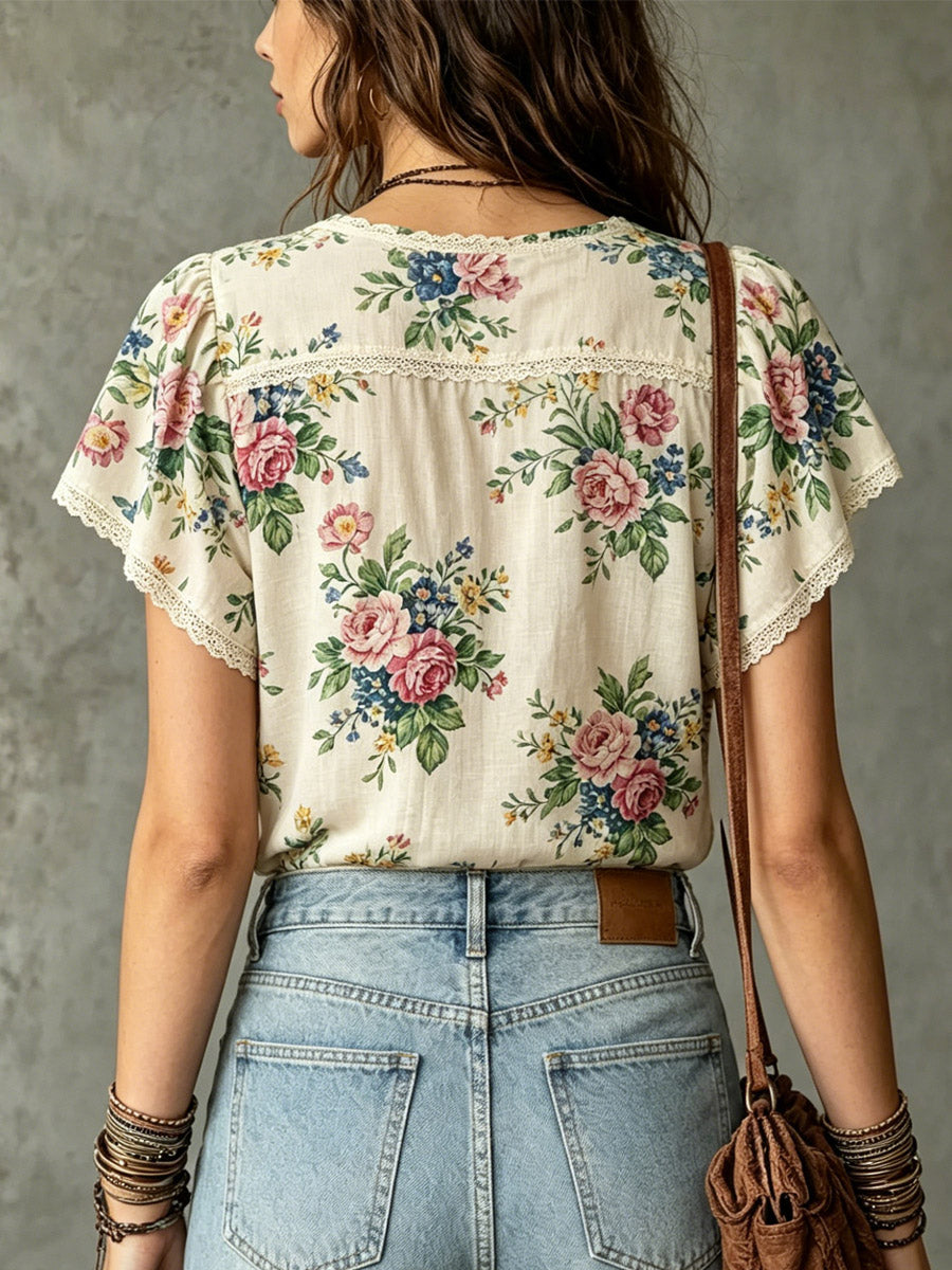 Women's Floral Art Print Casual Cotton Linen Shirt