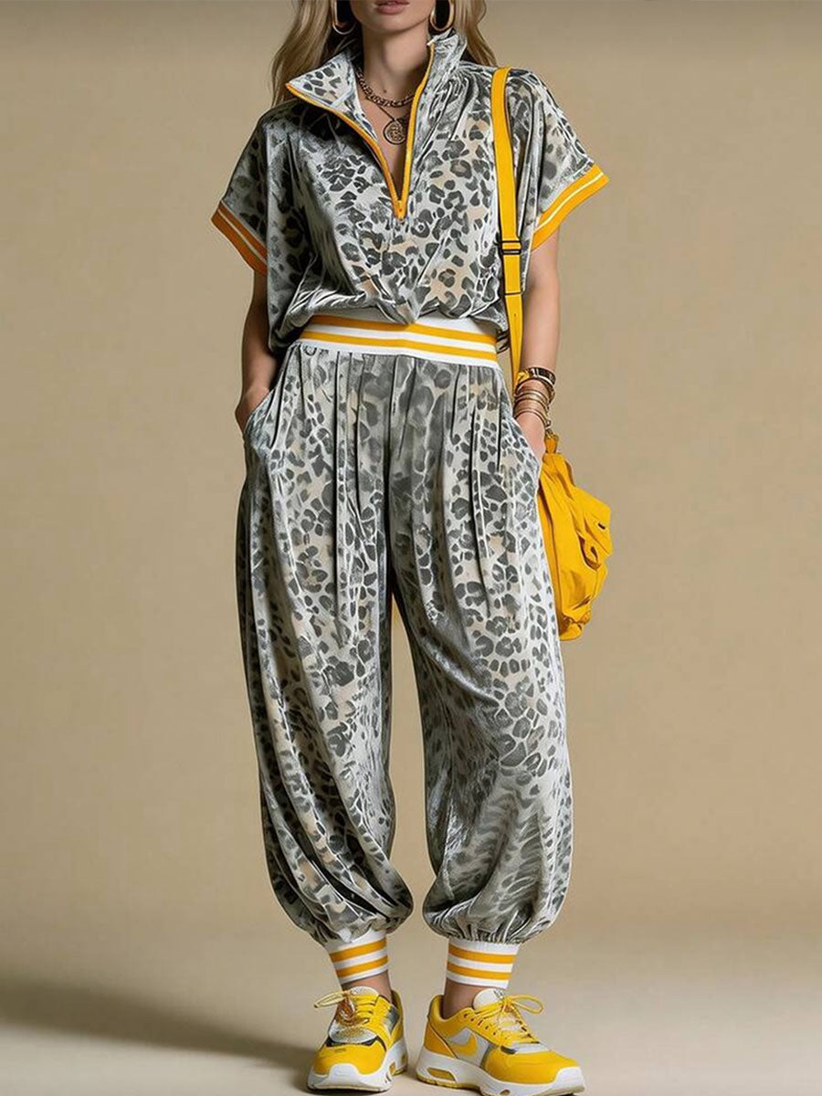 Women's Color-block Leopard Print Tracksuit