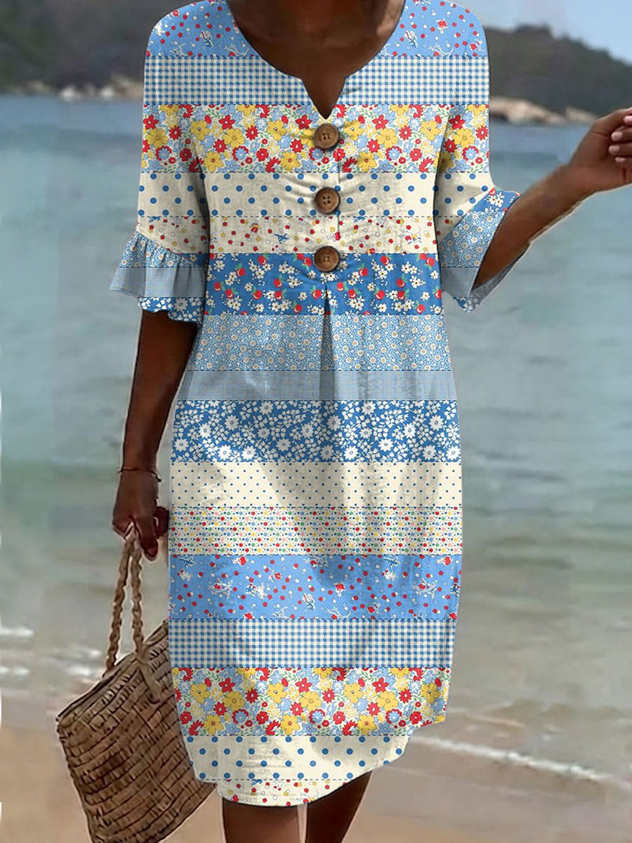 Women's Vintage Flower Pattern Print Casual Button-down Cotton Dress