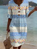 Women's Vintage Flower Pattern Print Casual Button-down Cotton Dress