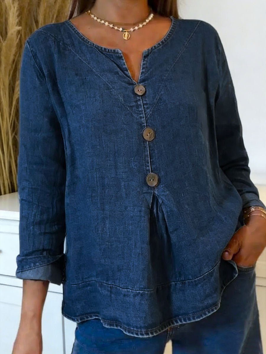 Women's V-neck 3/4 Sleeve Casual Loose Denim Top