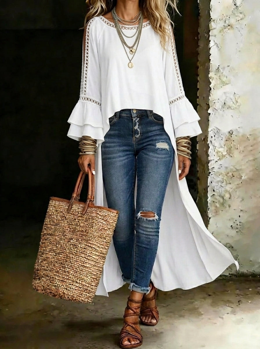 Women's Casual Solid Color High-low Design Off-shoulder Ruffled Round Neck Blouse