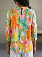 Artistic Watercolor Palette Print Peter Pan Collar Cotton-Linen Blouse